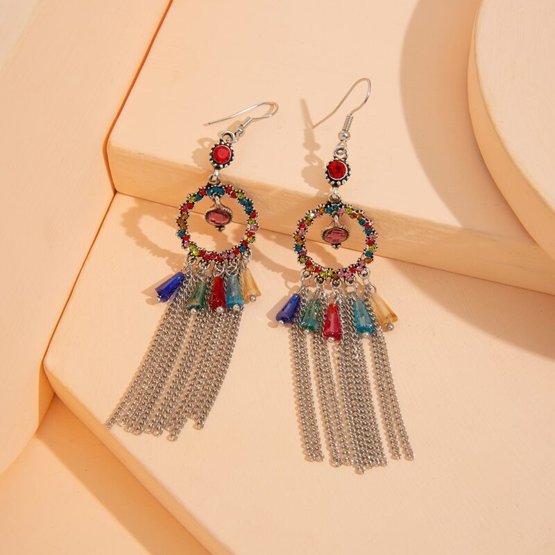 

Rhinestone Ring Chain Tassel Drop Earrings, Multicolor