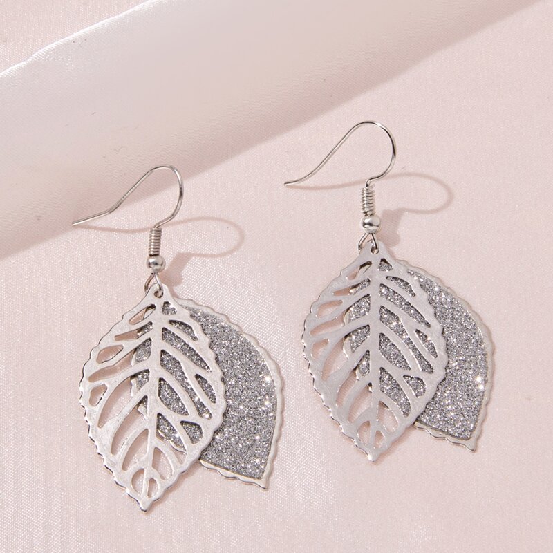 

Glitter Leaf Drop Earrings, Silver
