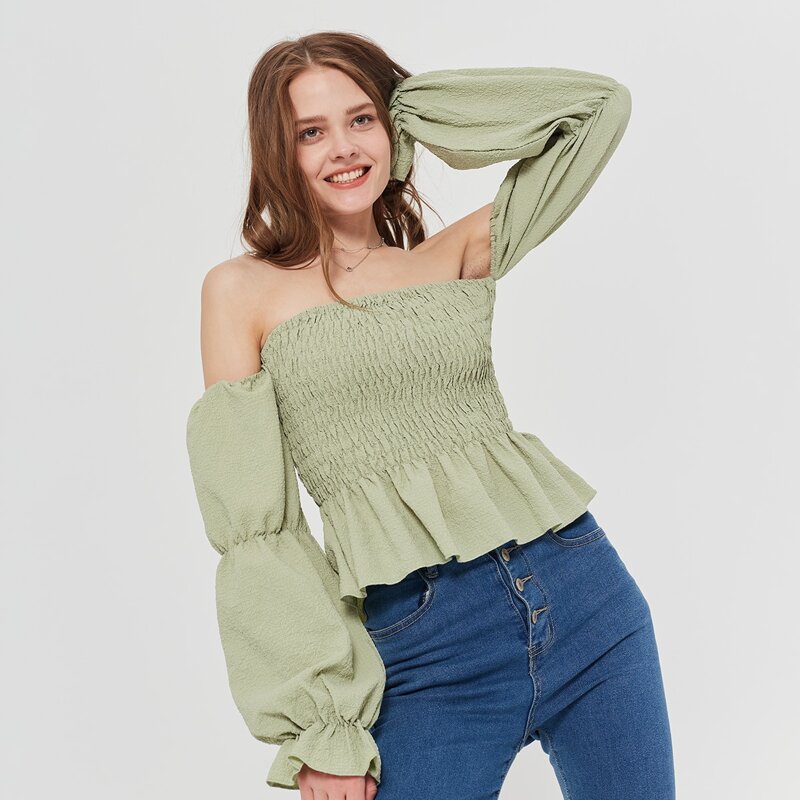 

Off Shoulder Shirred Peplum Top, Mint green