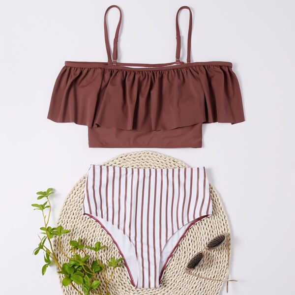 

Striped Flounce High Waisted Bikini Swimsuit, Multicolor