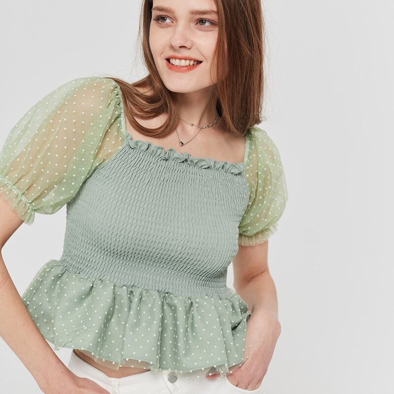 

Dobby Mesh Puff Sleeve Shirred Peplum Top, Mint green