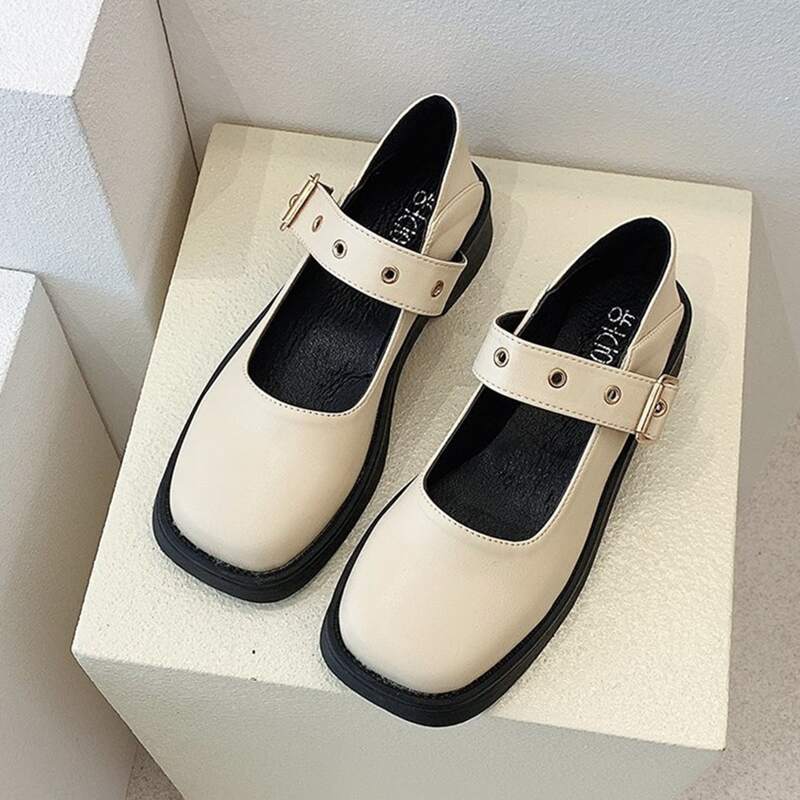 

Square Toe Mary Jane Flats, Beige