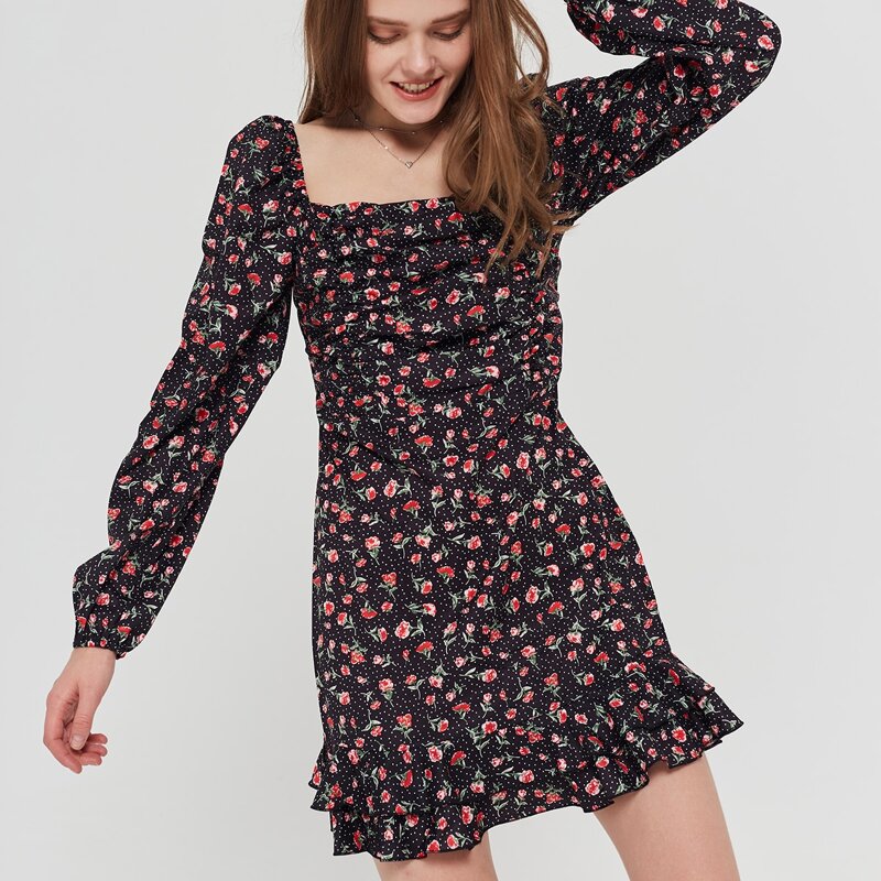 

Square Neck Lantern Sleeve Layered Ruffle Hem Dress, Multicolor