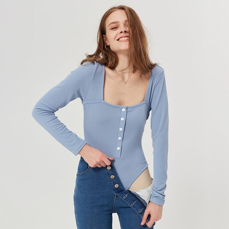 

Solid Button Front Ribbed Bodysuit, Dusty blue