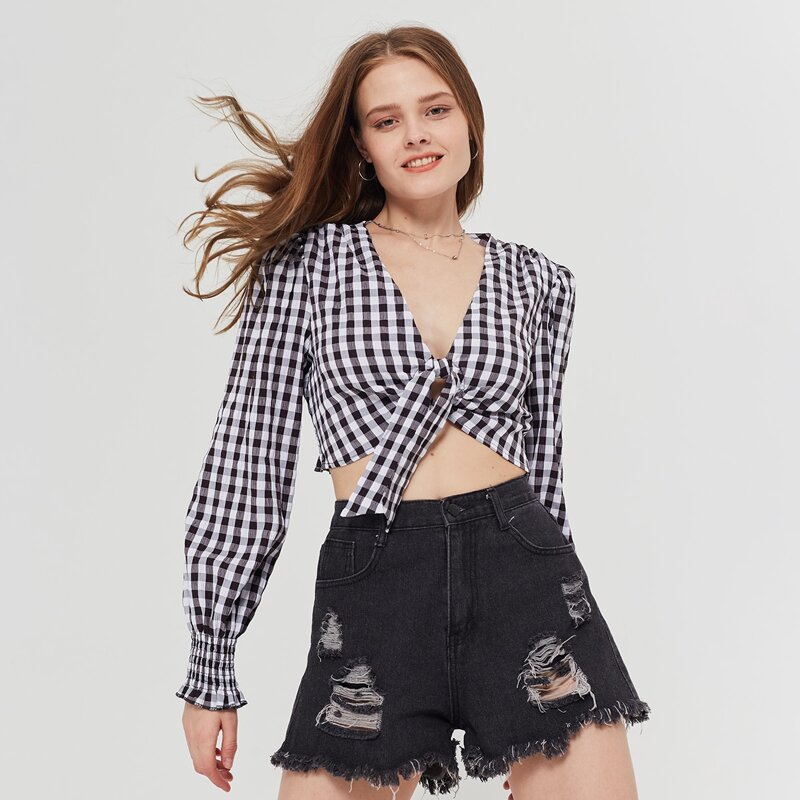 

Ruched Cut-out Tie Front Shirred Gingham Crop Top, Black and white