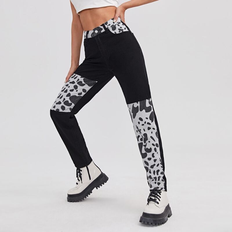 

Graphic Print Colorblock Straight Leg Jeans, Multicolor