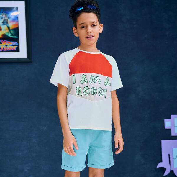 

Boys Slogan Graphic Colorblock Top & Cuffed Shorts Set, Multicolor