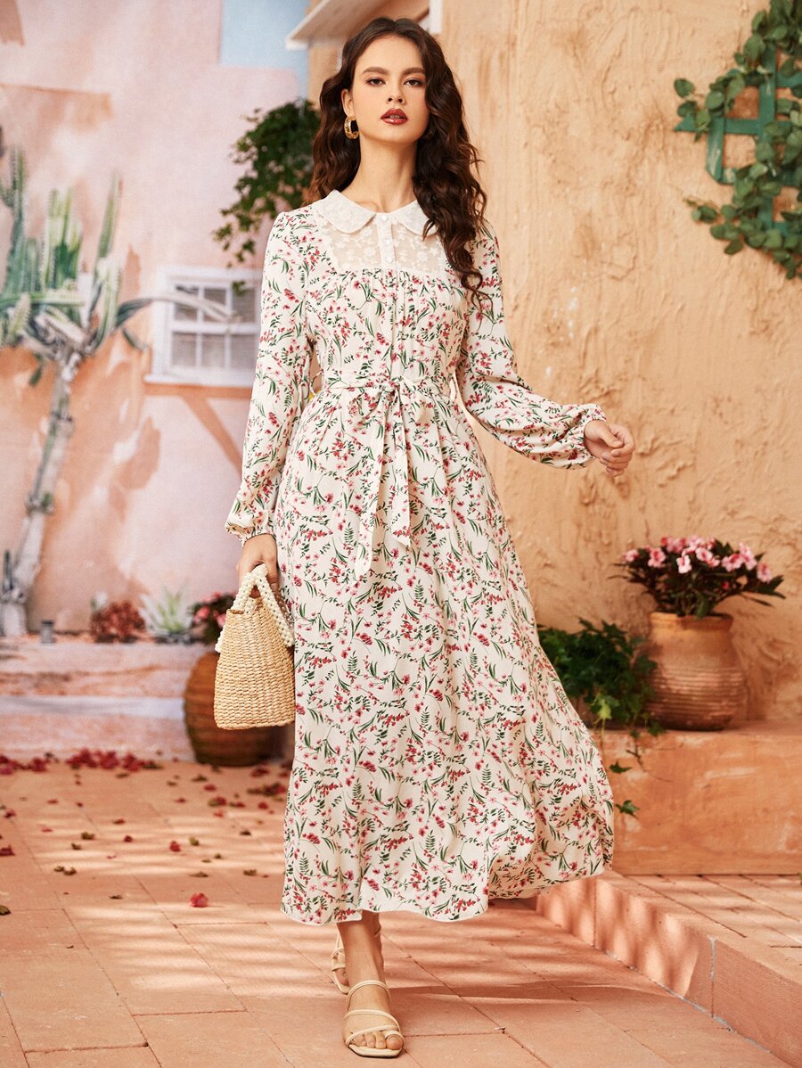 Mulvari 小碎花腰帶拼接蕾絲連衣裙 - 彩色 - 查看 1