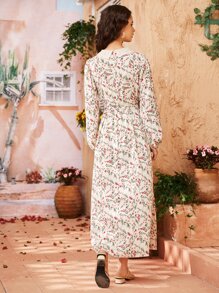 Mulvari 小碎花腰帶拼接蕾絲連衣裙 - 彩色 - 查看 2