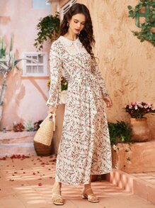 Mulvari 小碎花腰帶拼接蕾絲連衣裙 - 彩色 - 查看 4