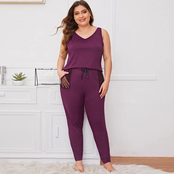 

Plus Contrast Mesh Pocket Knot Front Pajama Set, Purple