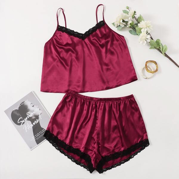 

Plus Lace Trim Cami Top & Shorts PJ Set, Rose red