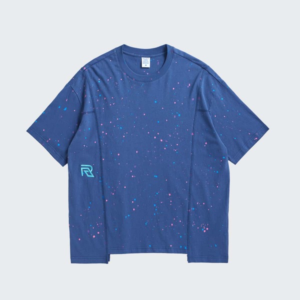 

Men Asymmetrical Hem Embroidery Splash Ink Tee, Navy blue