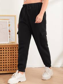 SHEIN Joggers con bolsillo con solapa - Negro - Ver 4
