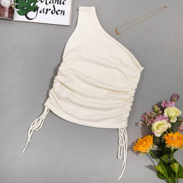 

One Shoulder Drawstring Side Knit Top, Beige