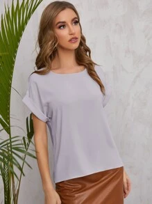 SHEIN LUNE Solid Rolled Sleeve Blouse - Mauve Purple - View 3
