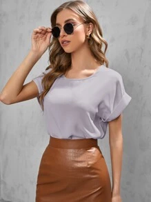 SHEIN LUNE Solid Rolled Sleeve Blouse - Mauve Purple - View 5