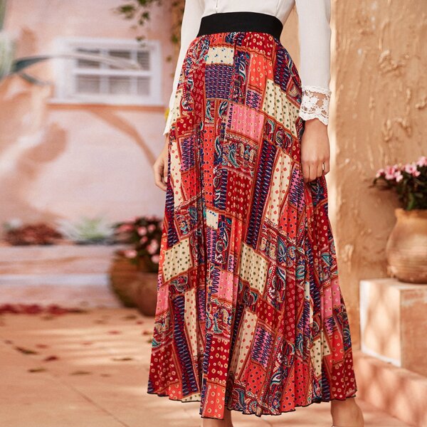 

Patchwork Print Pleated Maxi Skirt, Multicolor
