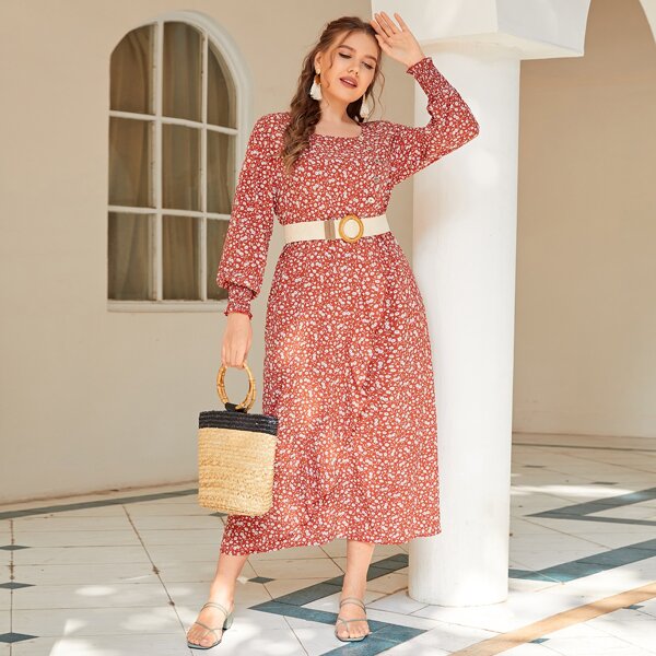 

Plus Ditsy Floral A-line Milkmaid Dress Without Belt, Red and white