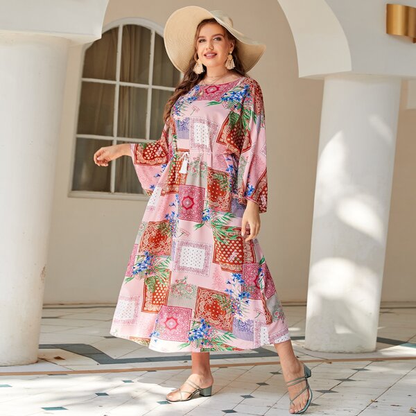 

Plus Floral Print Fringe Belted Kaftan Dress, Multicolor