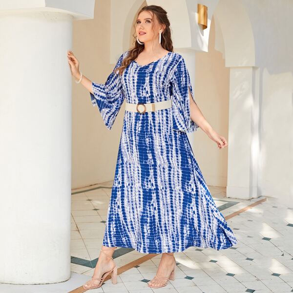 

Plus Color Block A-line Dress Without Belt, Blue and white