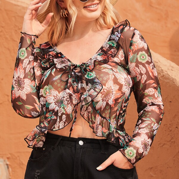 

Plus Floral & Plants Print Ruffle Trim Knot Front Sheer Mesh Top, Multicolor