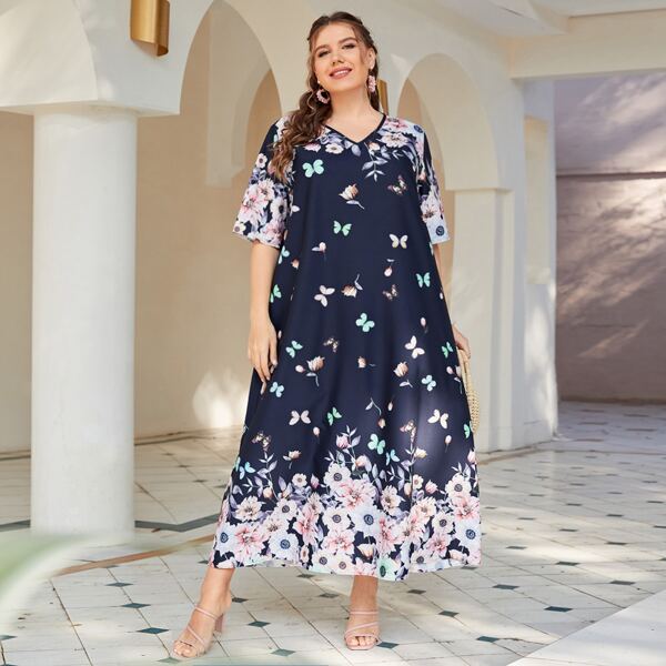 

Plus Butterfly & Floral Print Tunic Dress, Navy blue