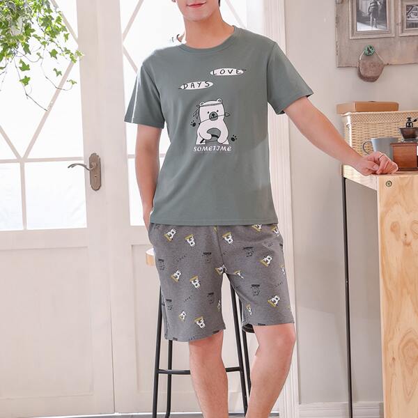

Men Cartoon & Letter Graphic PJ Set, Multicolor