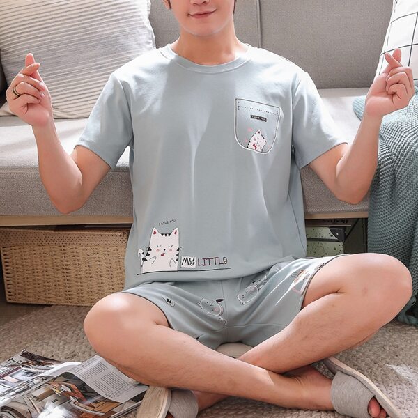

Men Cartoon & Letter Graphic PJ Set, Dusty blue
