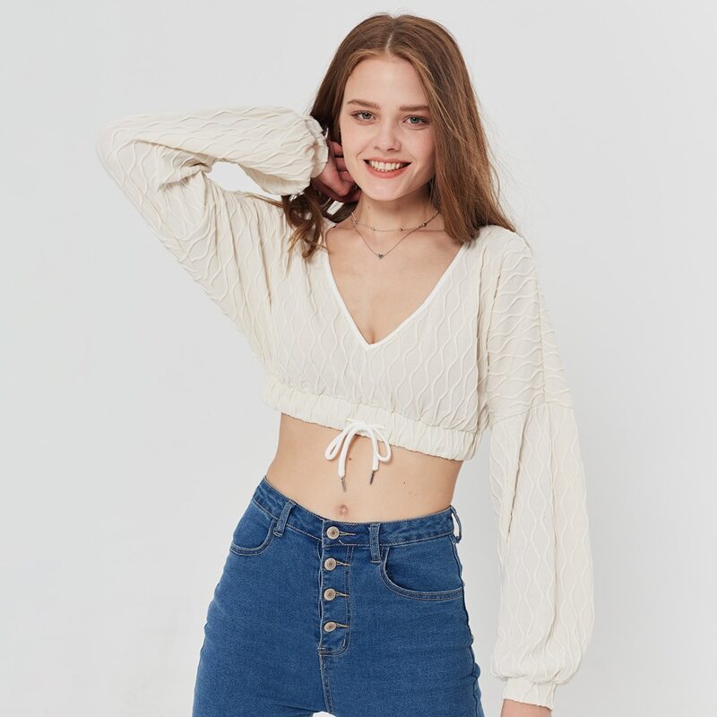 

Drop Shoulder Tie Front Textured Knit Crop Pullover, White