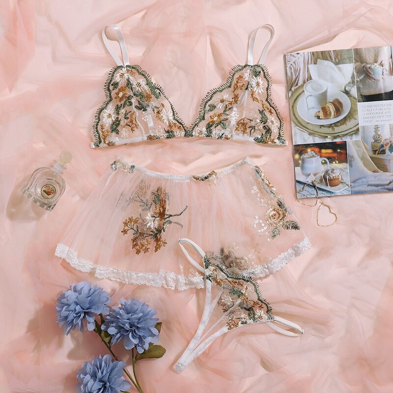

3pack Plus Embroidered Mesh Lingerie Set & Skirt, White
