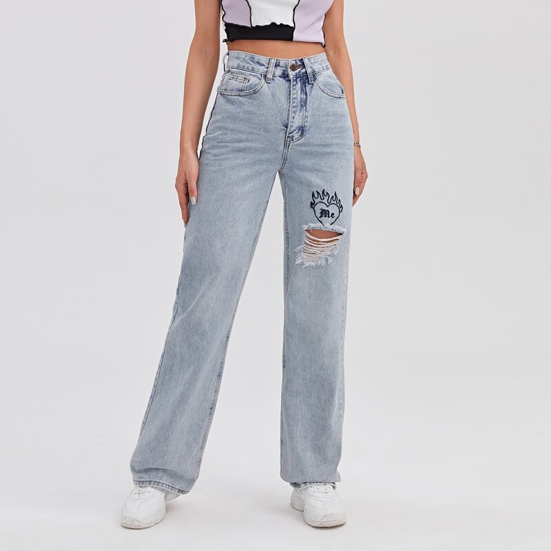 

Fire Embroidery Ripped Straight Jeans, Light wash