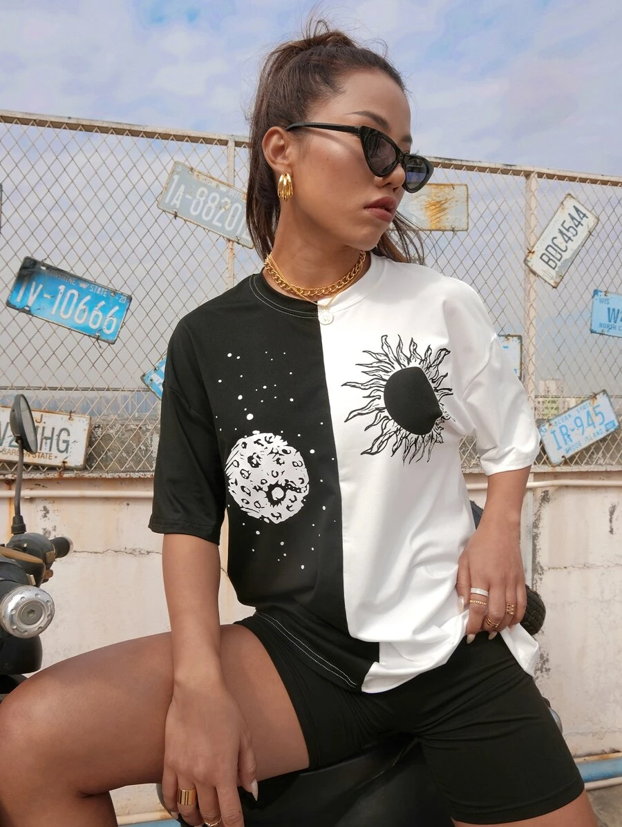 SHEIN Unity Áo thun Đồ họa Giải trí - Đen và trắng - Xem 1