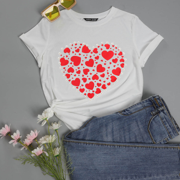 

Heart Print Pearls Front Tee, White