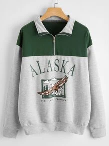 大碼老鷹和字母圖案半拉鏈運動衫 - 彩色 - 查看 1