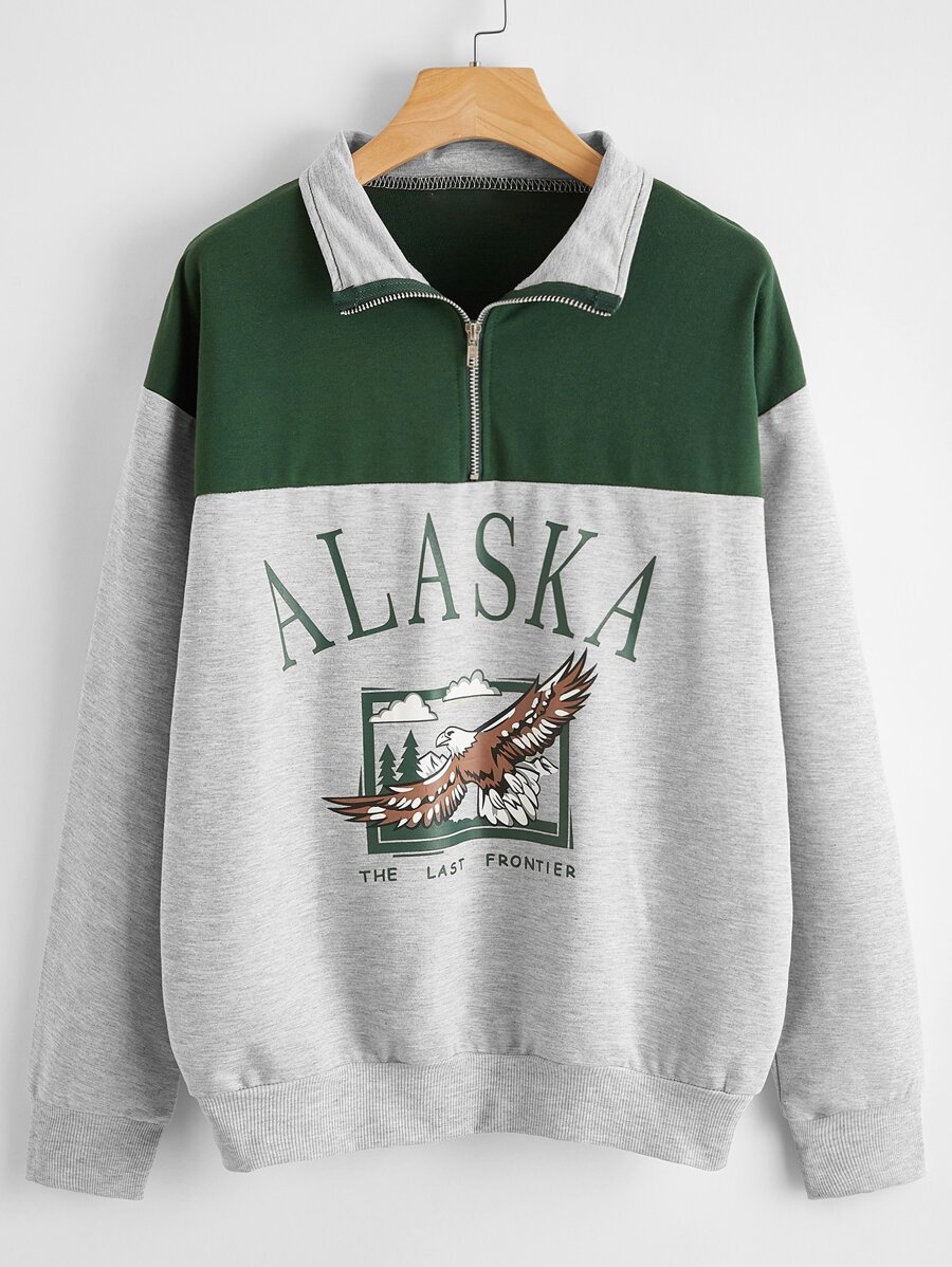 大碼老鷹和字母圖案半拉鏈運動衫 - 彩色 - 查看 1