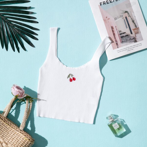 

Cherry Embroidery Detail Knit Top, White