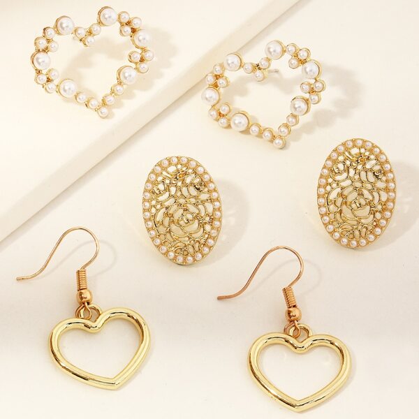 

3pairs Faux Pearl Heart Decor Earrings, Gold