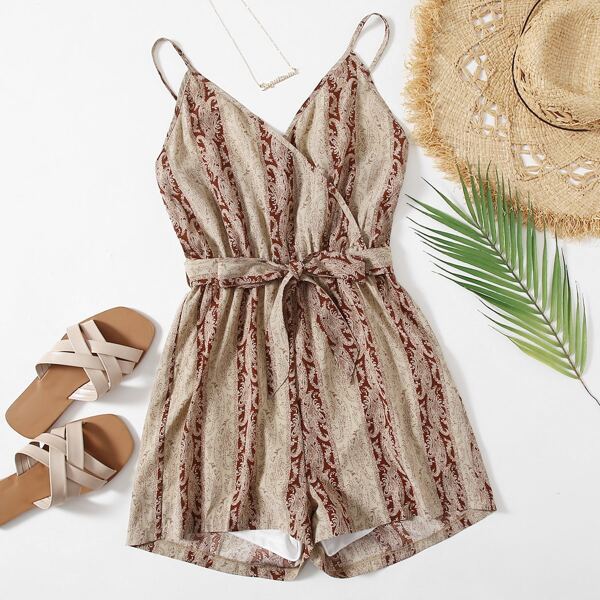 

Paisley Print Belted Cami Romper, Multicolor