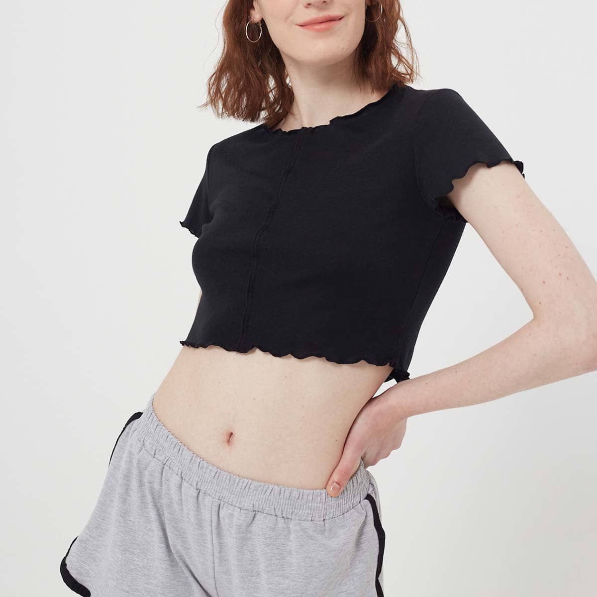 

Solid Lettuce Trim Crop Tee, Black