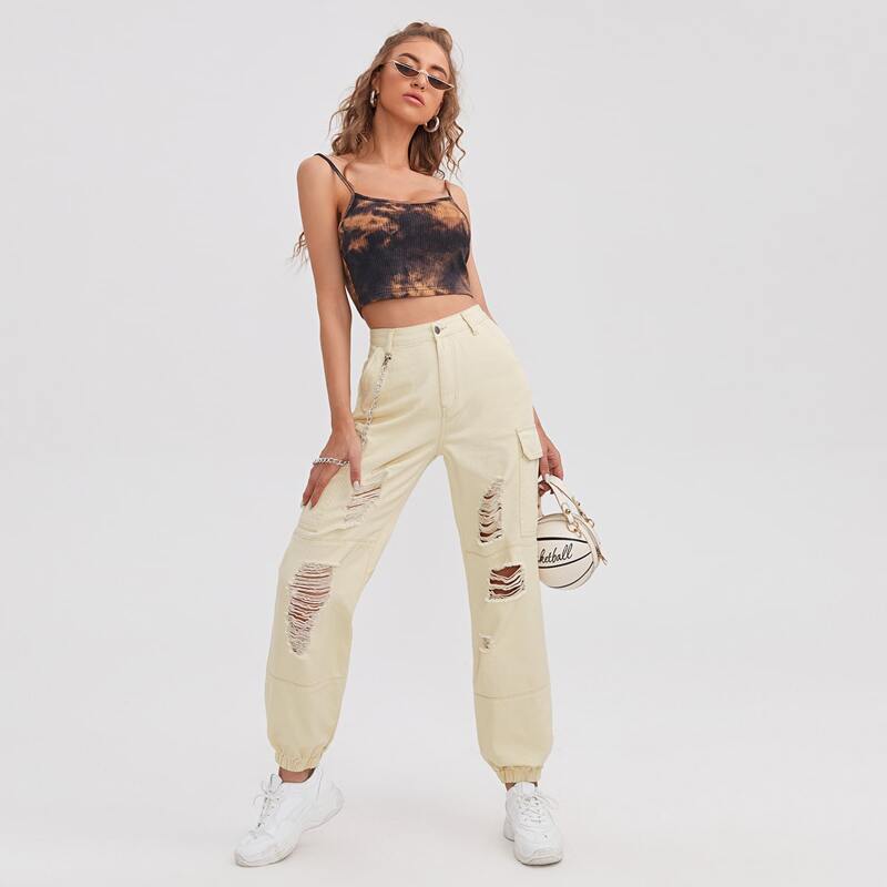 

High Waisted Flap Pocket Cargo Jeans With Chain, Apricot