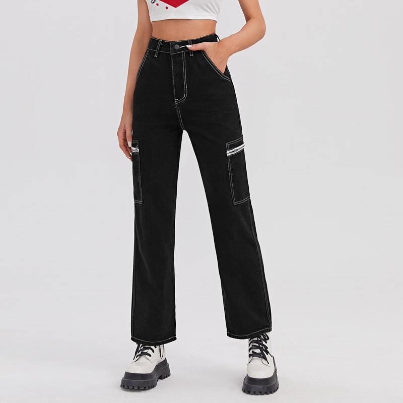 

High Waist Pocket Side Straight Leg Jeans, Black