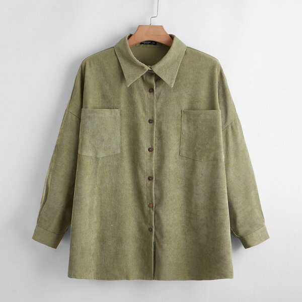 

Plus Solid Button Front Corduroy Blouse, Army green