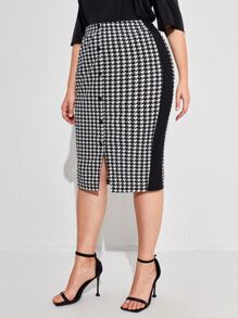 Chikora Plus Striped Side Houndstooth Pencil Skirt - Black and White - View 1