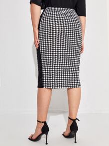 Chikora Plus Striped Side Houndstooth Pencil Skirt - Black and White - View 2