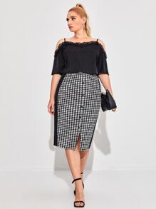 Chikora Plus Striped Side Houndstooth Pencil Skirt - Black and White - View 3