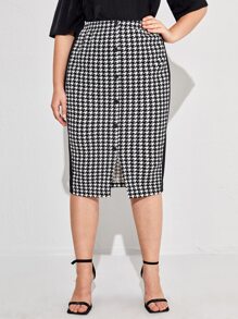 Chikora Plus Striped Side Houndstooth Pencil Skirt - Black and White - View 4