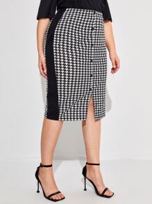 Chikora Plus Striped Side Houndstooth Pencil Skirt - Black and White - View 5