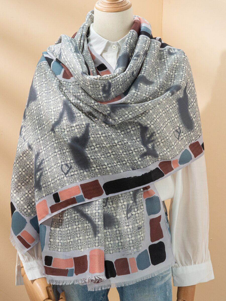 Raw Hem Shawl Scarf - Grey - View 1