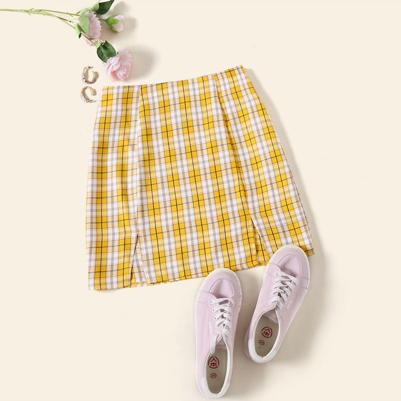 

Plaid Split Hem Skirt, Yellow
